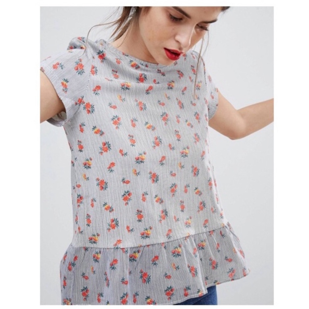 🔥 ASOS blue white striped red floral ruffle hem peplum short sleeve top